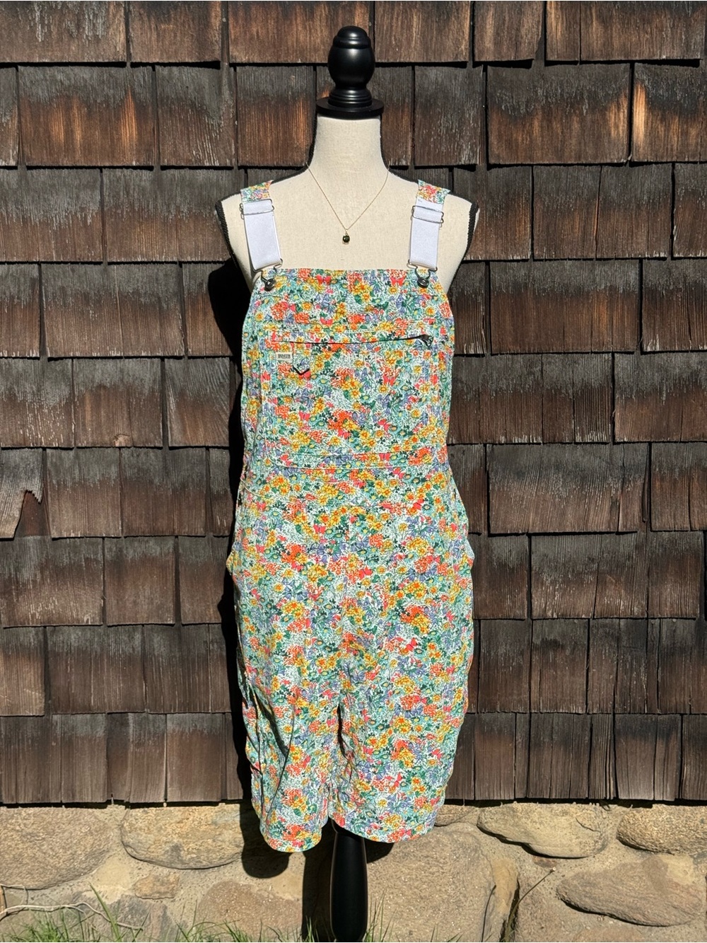 Duluth Trading Co Floral Short Overalls in White with Multicolor Print